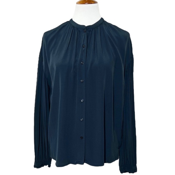 Something Navy Draped Pleated Long Sleeve Navy Blue Buttondown Blouse Top Small - Picture 2 of 12